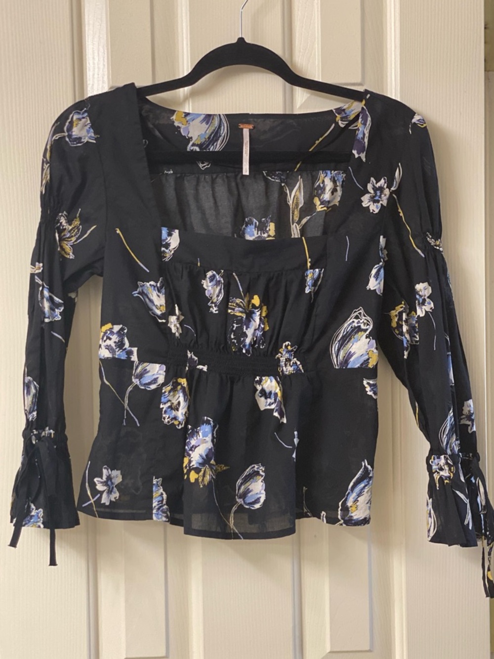 Free People Cherish The Light Black Floral Square-Neck Peplum Top Size Small